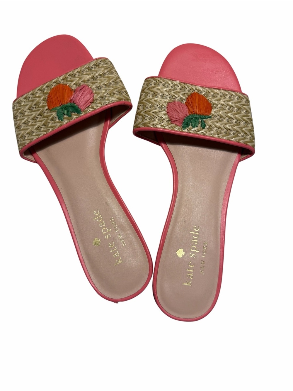 kate spade Finfetti Woven  Strawberry Pink Straw Slide Sandals Sz 7B